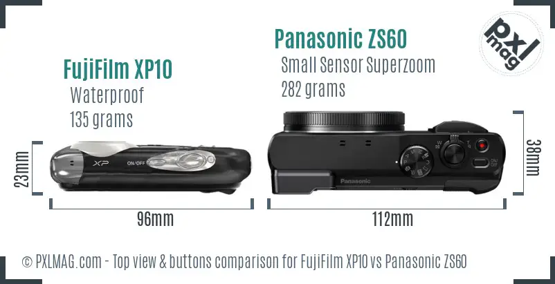 FujiFilm XP10 vs Panasonic ZS60 top view buttons comparison