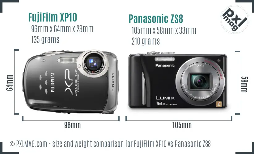FujiFilm XP10 vs Panasonic ZS8 size comparison