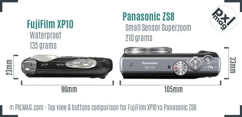 FujiFilm XP10 vs Panasonic ZS8 top view buttons comparison