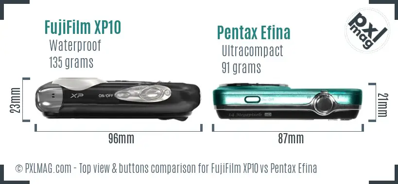 FujiFilm XP10 vs Pentax Efina top view buttons comparison