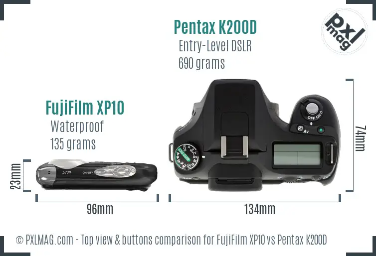 FujiFilm XP10 vs Pentax K200D top view buttons comparison