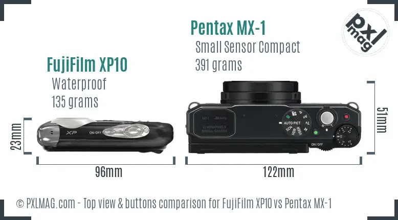 FujiFilm XP10 vs Pentax MX-1 top view buttons comparison FujiFilm XP10 vs Pentax MX-1 top view buttons comparison