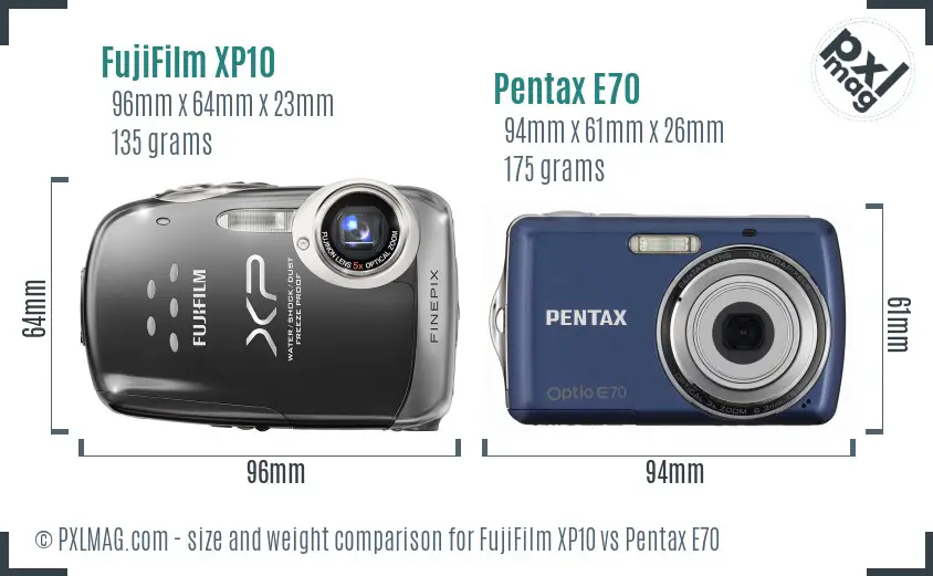FujiFilm XP10 vs Pentax E70 size comparison