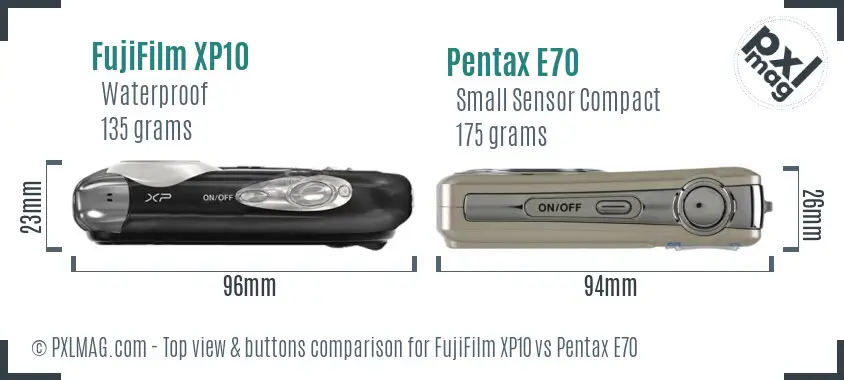 FujiFilm XP10 vs Pentax E70 top view buttons comparison