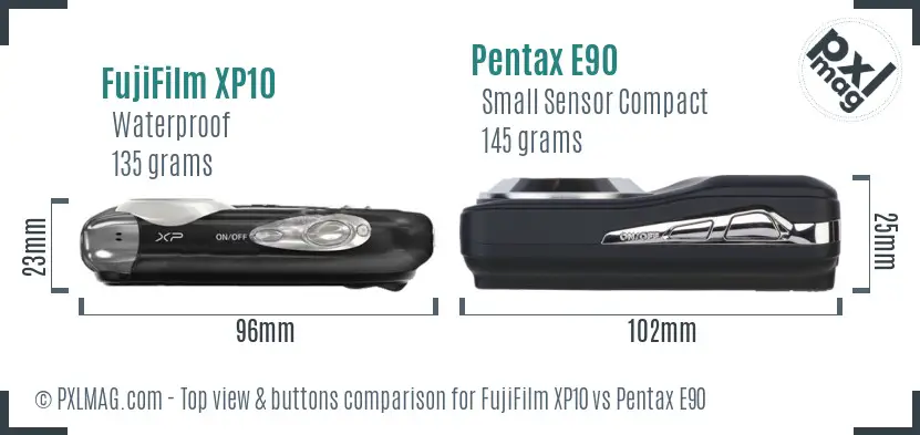 FujiFilm XP10 vs Pentax E90 top view buttons comparison FujiFilm XP10 vs Pentax E90 top view buttons comparison