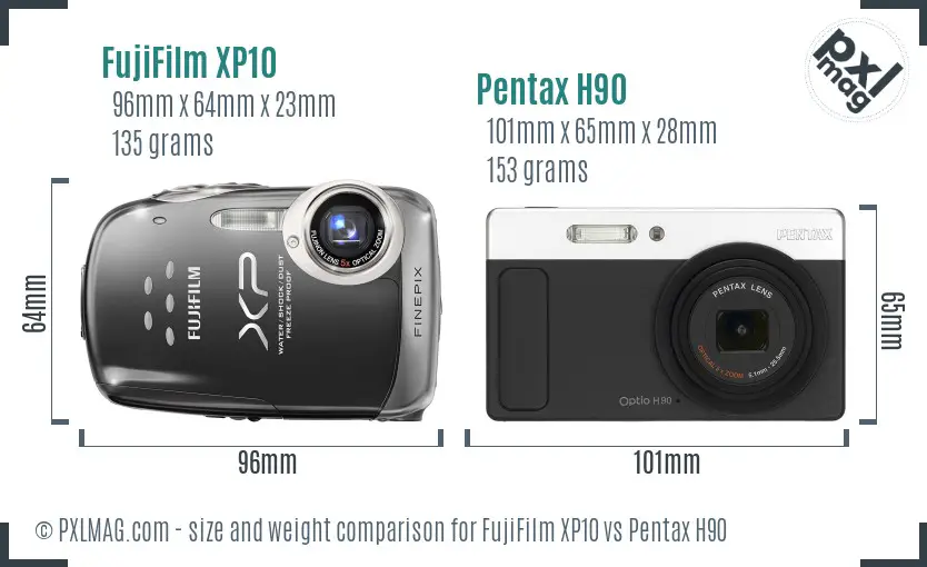 FujiFilm XP10 vs Pentax H90 size comparison
