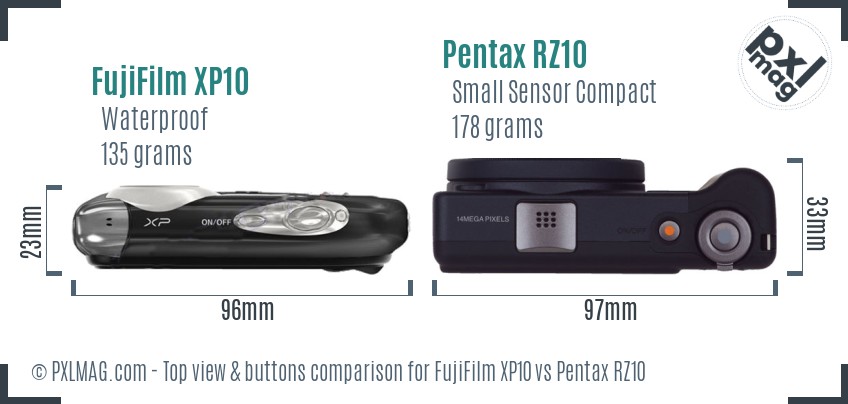 FujiFilm XP10 vs Pentax RZ10 top view buttons comparison
