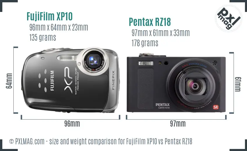 FujiFilm XP10 vs Pentax RZ18 size comparison