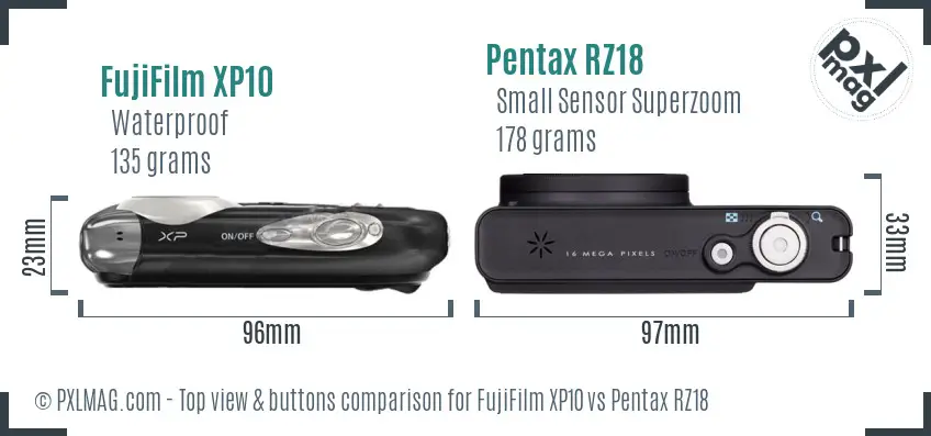 FujiFilm XP10 vs Pentax RZ18 top view buttons comparison