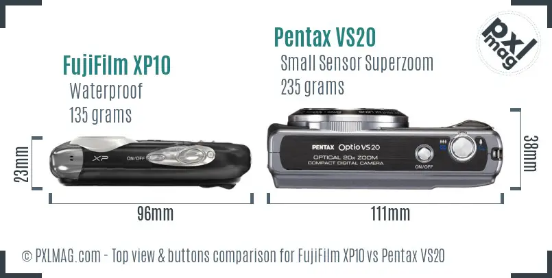 FujiFilm XP10 vs Pentax VS20 top view buttons comparison