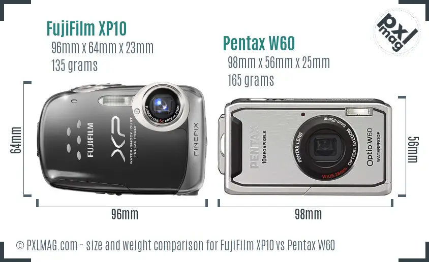 FujiFilm XP10 vs Pentax W60 size comparison