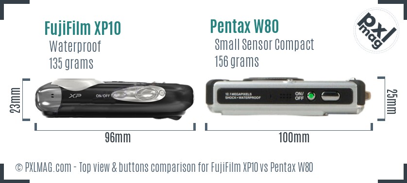 FujiFilm XP10 vs Pentax W80 top view buttons comparison