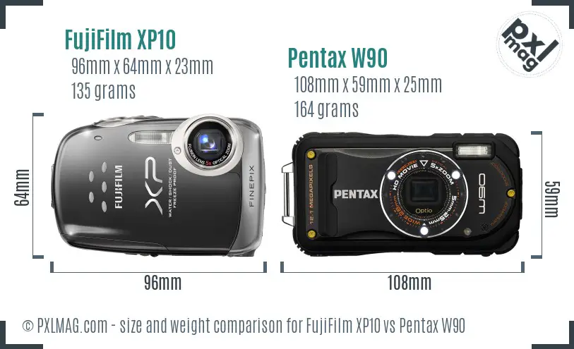 FujiFilm XP10 vs Pentax W90 size comparison