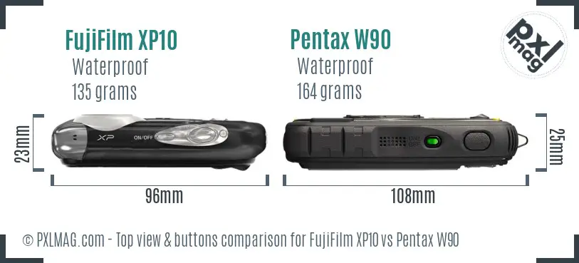 FujiFilm XP10 vs Pentax W90 top view buttons comparison