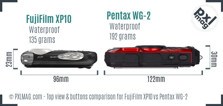 FujiFilm XP10 vs Pentax WG-2 top view buttons comparison