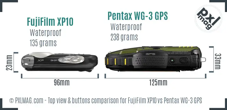 FujiFilm XP10 vs Pentax WG-3 GPS top view buttons comparison FujiFilm XP10 vs Pentax WG-3 GPS top view buttons comparison
