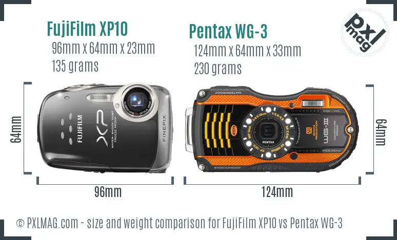 FujiFilm XP10 vs Pentax WG-3 size comparison