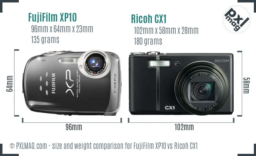 FujiFilm XP10 vs Ricoh CX1 size comparison