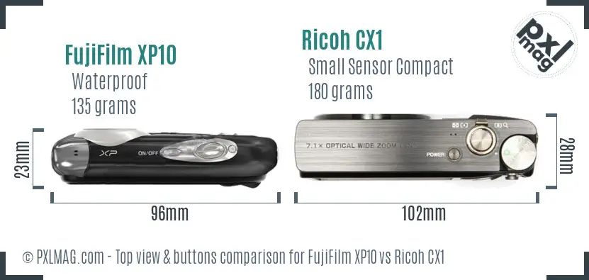 FujiFilm XP10 vs Ricoh CX1 top view buttons comparison