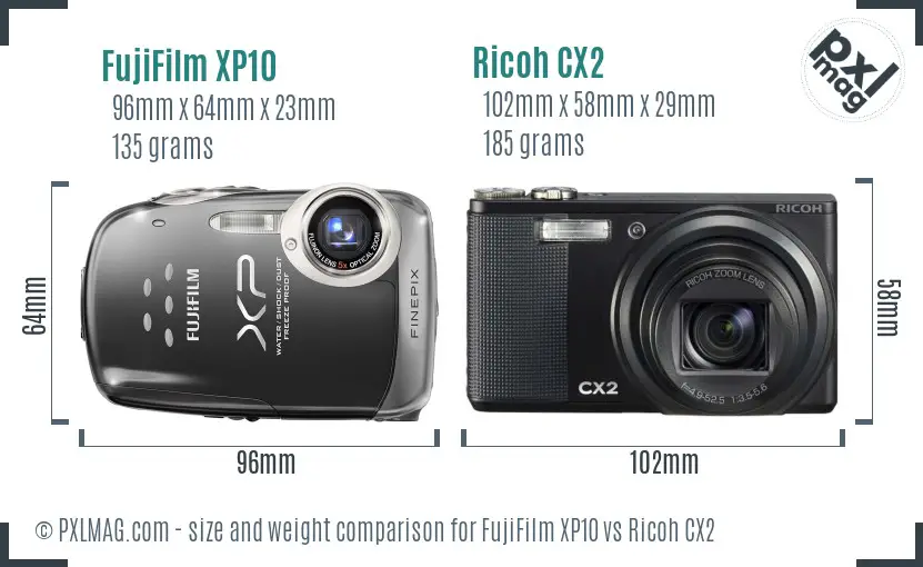 FujiFilm XP10 vs Ricoh CX2 size comparison FujiFilm XP10 vs Ricoh CX2 size comparison