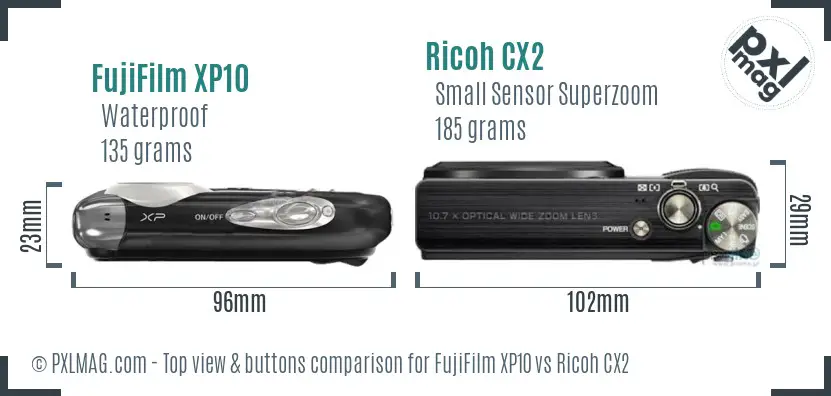 FujiFilm XP10 vs Ricoh CX2 top view buttons comparison FujiFilm XP10 vs Ricoh CX2 top view buttons comparison