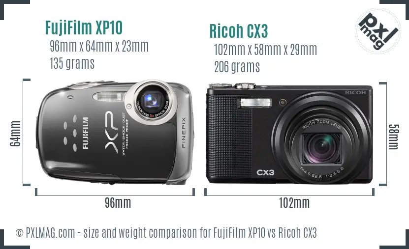FujiFilm XP10 vs Ricoh CX3 size comparison