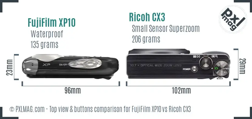 FujiFilm XP10 vs Ricoh CX3 top view buttons comparison