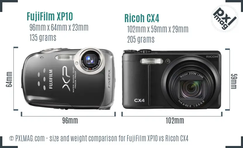 FujiFilm XP10 vs Ricoh CX4 size comparison