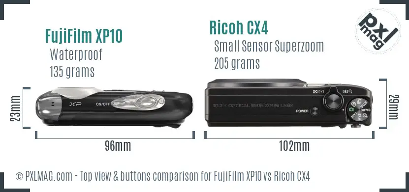 FujiFilm XP10 vs Ricoh CX4 top view buttons comparison