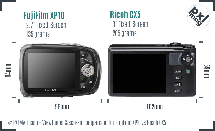 FujiFilm XP10 vs Ricoh CX5 Screen and Viewfinder comparison