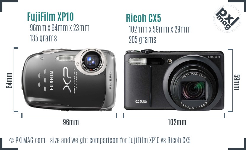 FujiFilm XP10 vs Ricoh CX5 size comparison