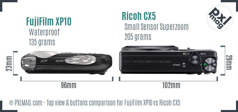 FujiFilm XP10 vs Ricoh CX5 top view buttons comparison