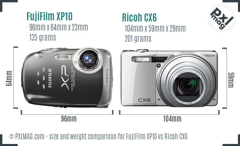 FujiFilm XP10 vs Ricoh CX6 size comparison FujiFilm XP10 vs Ricoh CX6 size comparison