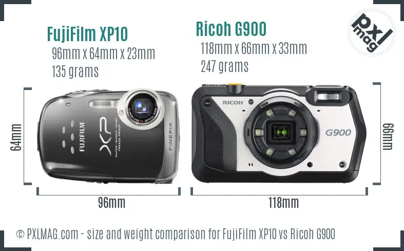 FujiFilm XP10 vs Ricoh G900 size comparison