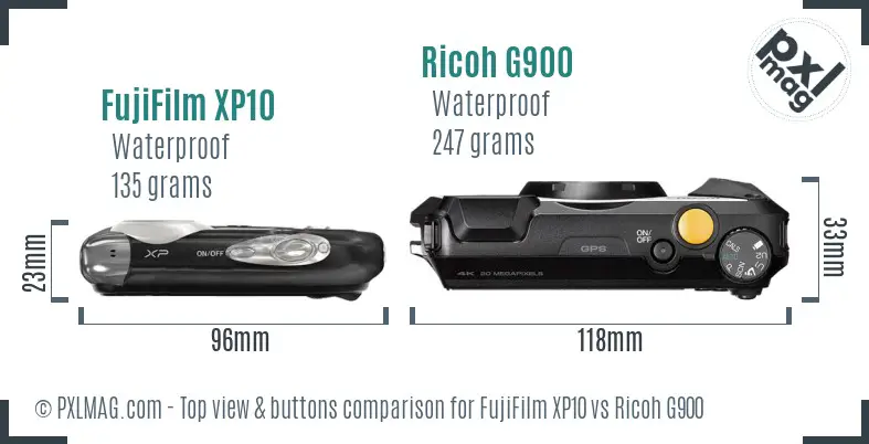 FujiFilm XP10 vs Ricoh G900 top view buttons comparison