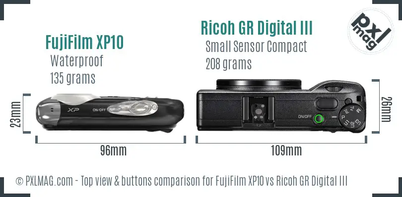 FujiFilm XP10 vs Ricoh GR Digital III top view buttons comparison FujiFilm XP10 vs Ricoh GR Digital III top view buttons comparison