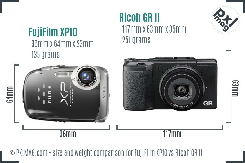 FujiFilm XP10 vs Ricoh GR II size comparison