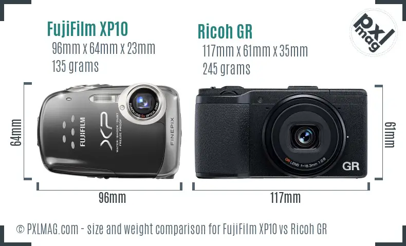 FujiFilm XP10 vs Ricoh GR size comparison