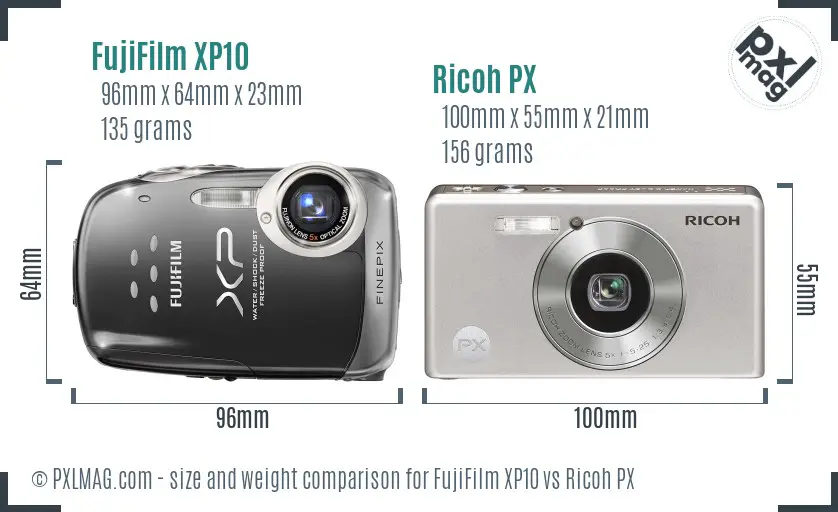 FujiFilm XP10 vs Ricoh PX size comparison