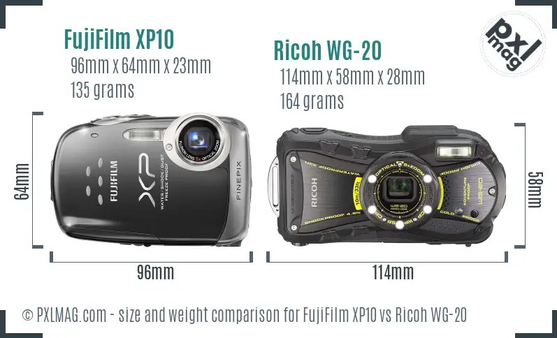 FujiFilm XP10 vs Ricoh WG-20 size comparison FujiFilm XP10 vs Ricoh WG-20 size comparison