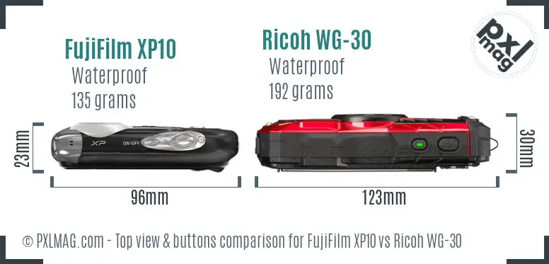 FujiFilm XP10 vs Ricoh WG-30 top view buttons comparison FujiFilm XP10 vs Ricoh WG-30 top view buttons comparison