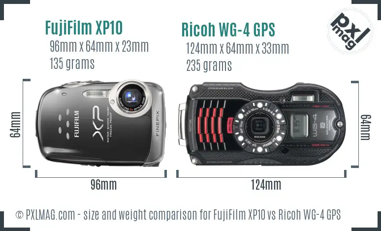 FujiFilm XP10 vs Ricoh WG-4 GPS size comparison