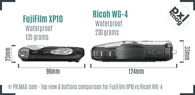 FujiFilm XP10 vs Ricoh WG-4 top view buttons comparison FujiFilm XP10 vs Ricoh WG-4 top view buttons comparison