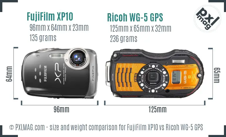 FujiFilm XP10 vs Ricoh WG-5 GPS size comparison