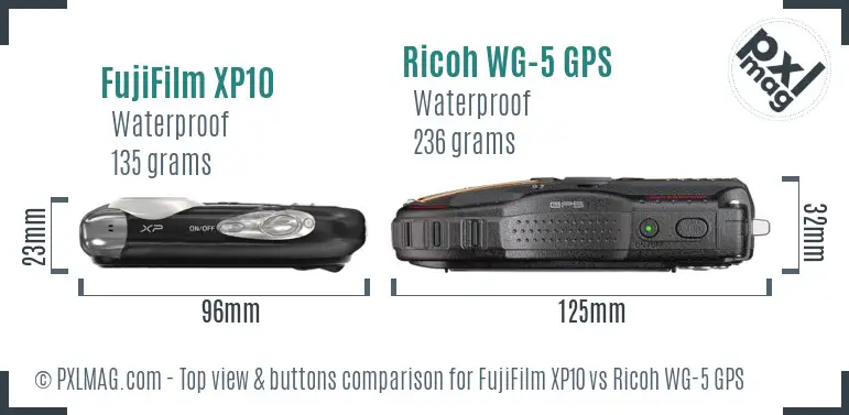 FujiFilm XP10 vs Ricoh WG-5 GPS top view buttons comparison