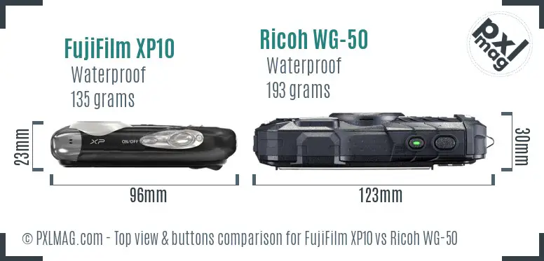 FujiFilm XP10 vs Ricoh WG-50 top view buttons comparison