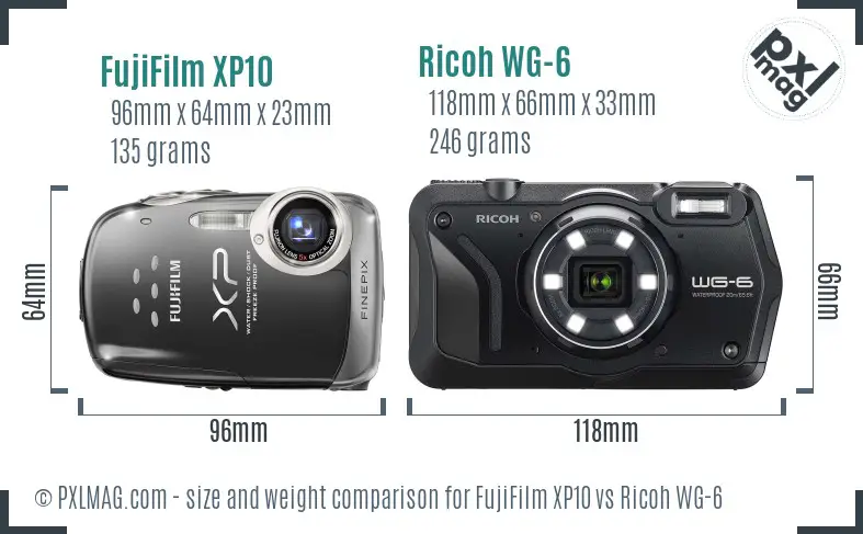 FujiFilm XP10 vs Ricoh WG-6 size comparison