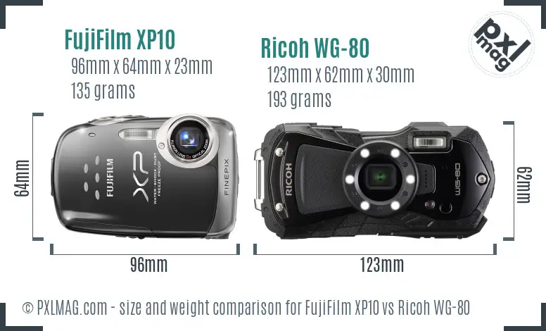 FujiFilm XP10 vs Ricoh WG-80 size comparison