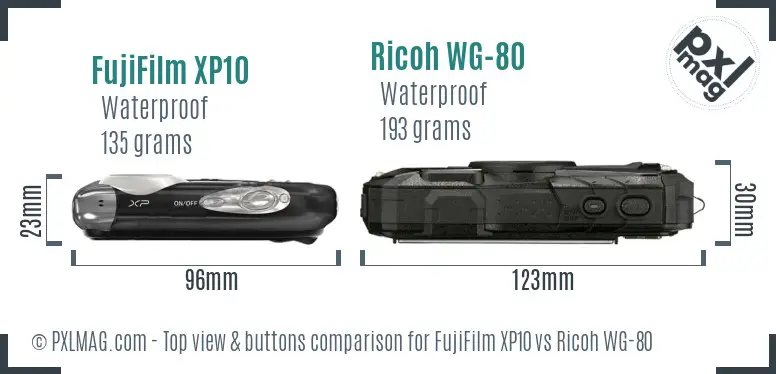 FujiFilm XP10 vs Ricoh WG-80 top view buttons comparison