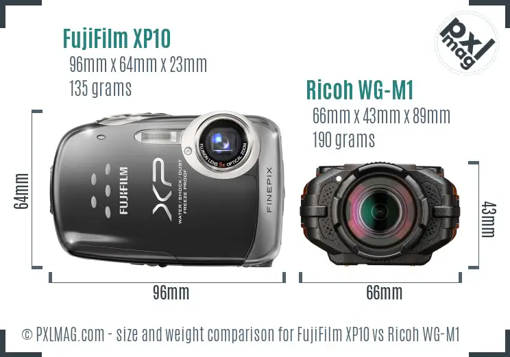 FujiFilm XP10 vs Ricoh WG-M1 size comparison